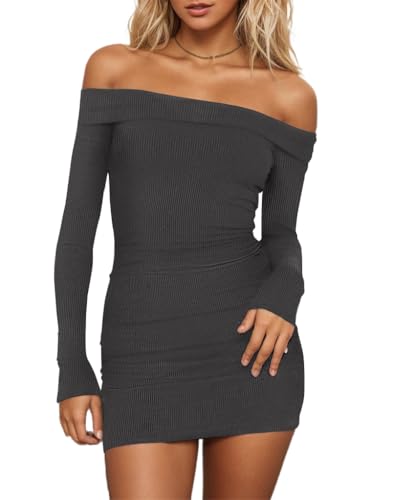 HYPERFIRE Women's Sexy Elegant Off The Shoulder Ribbed Long Sleev...