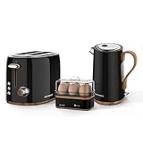Homeart Panda Collection - Cordless Electric Kettle with Wood Detail, 2-Slice Toaster with Adjustable Browning Control and Egg Boiler with 6 Egg Capacity - Black