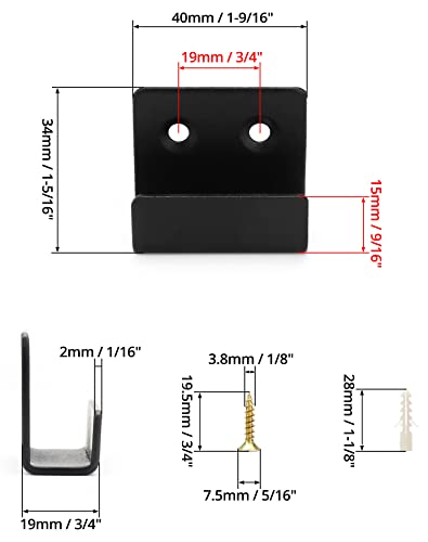 QWORK 8 Stück U Winkel Halterung Edelstahl, Schwerlast Keramikfliesen Display Wandhaken mit Schrauben, Schwarz, 16 mm Innenbreite