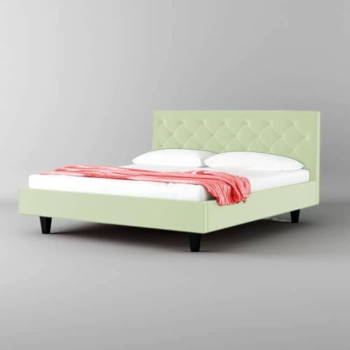 Image of Wooden Modern Upholstered King Size Bed for Bedroom | Wooden Double Bed Without Storage | Platform Cot Upholstered Bed with Upholstery Fabric | Engineered Wood | 6.5 x 6 Ft | Light Green