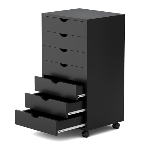 Image of 7 Drawer Mobile File Cabinet Under Desk Storage Organization with Wheels Vertical Filing Chest Rolling Wood Small Desk Printer Stand for Home, Black
