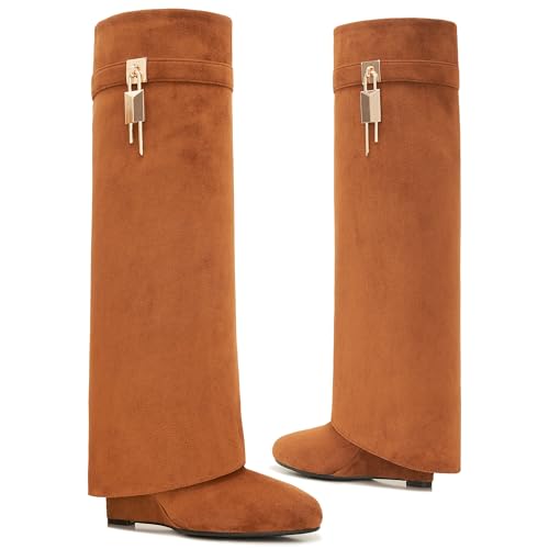 Image of Fold Over Boots for Women Pointy Pull-on Wedge Heel Knee Shark Boot With Side Zipper Padlock Design