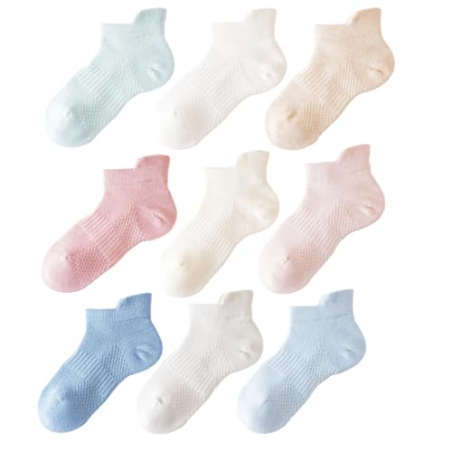 SeastarryX Girls Socks 9 Pairs Ankle Athletic Socks White Cotton Sports Sock For Little Big Kids (6-8Years Assorted1-9P)