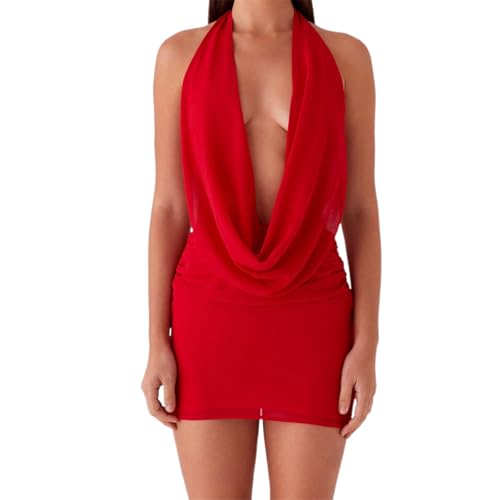 Minikleid für Damen, Wasserfallausschnitt, Neckholder, tiefer V-Ausschnitt, rückenfrei, Netzstoff, kurzes Kleid, Y2K, offener Rücken,...