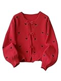 BEAUDRM Girl's Cute Heart Print Cardigan Sweaters Bow Button Down Sweater Crewneck Cardigan Long Sleeve Knitted Outerwear Red and Black 12Y