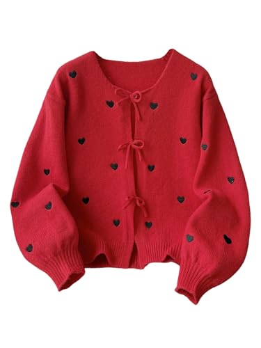 BEAUDRM Girl's Cute Heart Print Cardigan Sweaters Bow Button Down Sweater Crewneck Cardigan Long Sleeve Knitted Outerwear Red and Black 12Y
