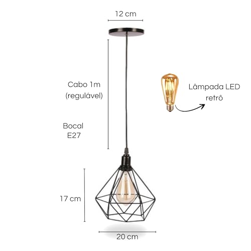 Kit com 3 Luminárias Pendente Tipo Diamante Aço (inclui lâmpadas)
