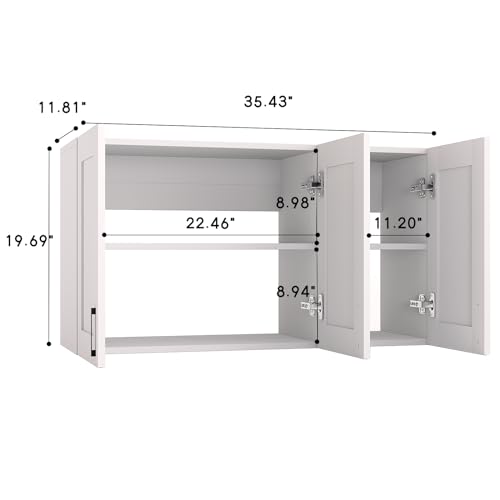 Image of White Laundry Room Cabinets and Storage with 3 Doors and Utility Adjustable Shelf,Gabinetes Para Cocina Cupboard Kitchen Organizers and Storage Pantry Wall Mounted 12.4 inchD x 35.4 inchW x 19.7 inchH