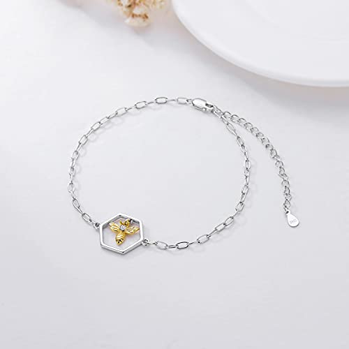 Aoboco Bumble Bee Honeycomb Bracelet Sterling Silver Honey Bee Jewelry Charm With 2.5Mm Paperclip Chain, Adjustable Bracelet For Women Girls #TOP5