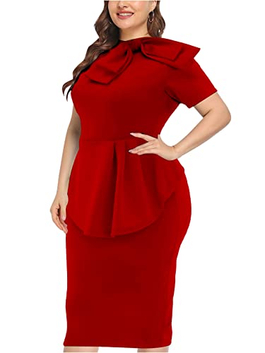 Plus Size Dress for Curvy Women Semi Formal Cocktail Party Midi Dress Bodycon Short Sleeve Bow Ruffle Pencil Dresses2