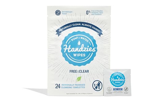 Handzies Natural Soap and Water Hand Wipes, Hypoallergenic, Free and Clear, Individually Packaged Singles (24)