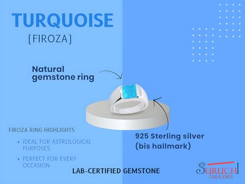 Suruchi Gems & Jewels Sterling Silver Turquoise/Firoza Astrological Gemstone/Square Shape 3.25 Ratti to 10.25 Ratti or 3 Carat to 9.5 Carat 925 Bis Hallmark Ring for Men & Women