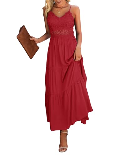 Image of Dokuritu Women's Beach Crochet Lace Maxi Dress Solid Color Summer Vacation Wedding Guest Spaghetti Strap Long Dress