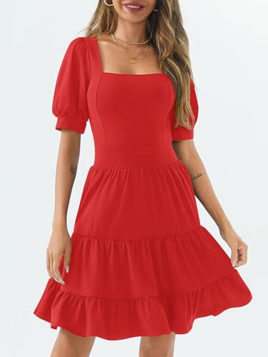 Image of Women's Square Neck A-Line Summer Dress Puff Sleeve Flared Swing High Waist Smocked Flowy Midi Casual Dress for Office /Party Red
