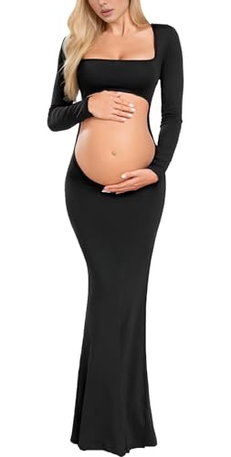 FEOYA Femme Enceinte Robe Grossesse Mariage Dame Robe Longue Chic De Maternité Elegant Shooting De Soirée Sexy Grande Taille Noir M