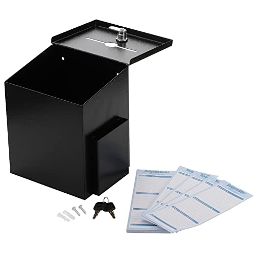 Topzea Suggestion Box With Lock, Wall Mounted Ballot Donation Box Collection Box, Metal Freestanding Suggestion Box With 50 Free Suggestion Cards, Key Drop Box, Black, 9"X 7.4"X 6" #TOP2