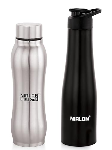 Image of NIRLON Stainless Steel Water Bottle Perfect for Office, Home & Travel | Leak-Proof|Set of 2 [Ozone 750ml & Tall Bell Flip Black 1000ml]