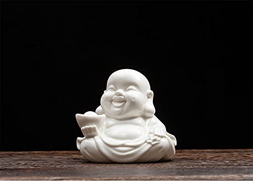 Houlu Small Laughing Buddha Statue for Good Luck, Ceramic White Lucky Happy Buddha Figurine for Home Decor, Office Decor, Garden Decor, Indoor/Outdoor