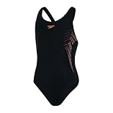 Speedo Plastisol Placement Muscleback Badeanzug für Mädchen, Schwarz/Papaya Punch/Elec Pink, 14 Jahre