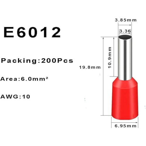 Image of 200 Pcs Wire Ferrules AWG 10 /6.0mm Wire Copper Crimp Connector,E6012 Connectors Insulated Ferrule Pin Cord End Terminals(100 Black + 100 Red)
