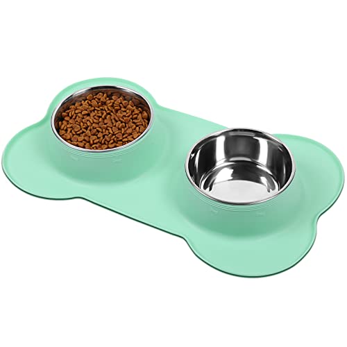 VIVAGLORY Dog Bowls, Dog Food Bowls, Stainless Steel Cat Puppy Water Bowls with Non Spill Skid Resistant Silicone Mat, Large, Mint Green