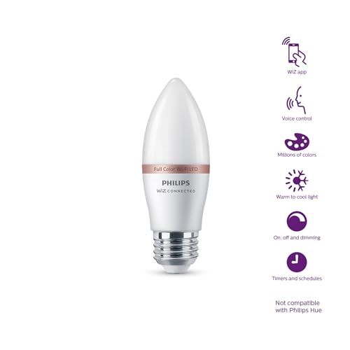 Image of PHILIPS Smart 40W B12 Candle-Shape 4-Pack, E26 Base, Full Color, Dimmable, Indoor, Connect to Wi-Fi, Control Voice or App - Powered by WiZ Connected