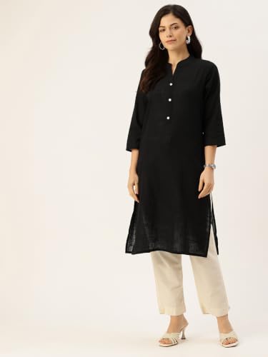 Image of feranoid Women's Plain Cotton Kurta with Mandarin Collar, 3 /4 Sleeves & Pocket