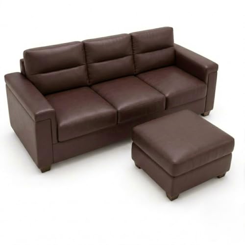 Image of FURNY Parker 3 Seater Sofa Set with Ottoman | Premium Suede Velvet Fabric Finish | Durable Comfort Sofa for Modern Living Room & Office Spaces (Dark Brown Leatherette)