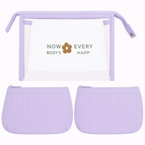 Coslifestore Pack of 3 Cosmetic Bag Set for Women-Waterproof Transparent Travel Pouch/Makeup Organiser Bags/Lightweight, Portable & Stylish Toiletry/Skincare, Shaving Storage Kit (Purple)
