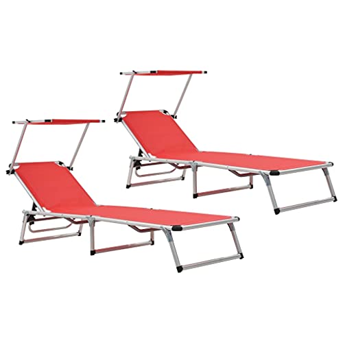 vidaXL 2X Sonnenliege Klappbar mit Dach Gartenliege Strandliege Gartenmöbel Liege Relaxliege Freizeitliege Campingliege Aluminium Textilene Rot