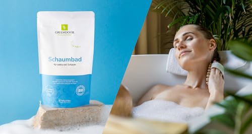 GREENDOOR natürliches Bio Schaumbad 500g Pulver Konzentrat für samtweiche entspannte Haut, sanfter Duft, für Frauen Männer Kinder, mit Bio Jojobaöl, Meersalz, Naturkosmetik extra mild