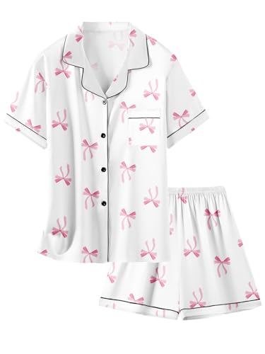 Image of Schbbbta Women Pajamas Set, 2 Pcs Satin Silk Pjs Button Down Sleepwear Soft Comfy Short Sleeve Outfits