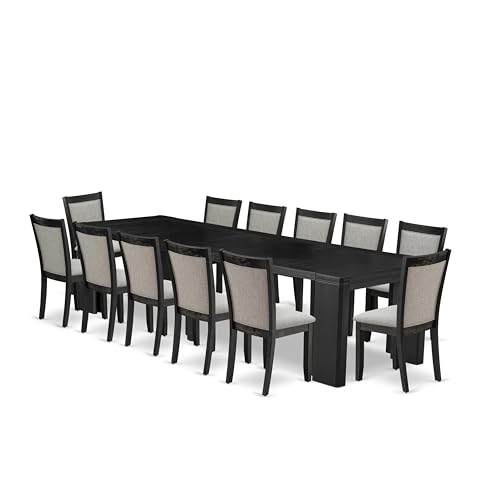 Image of X12MZ-006-06 - 13-piece Dining Room Table Set a Rectangular Dining Table and 12 Shitake Linen Fabric Dining Chair, 39x120 Inch, Wire Brushed Black