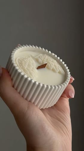 Image of Handcrafted Angel Wing Soy Wax Candle, White Decorative Ribbed Container, Wooden Wick, Home Decor