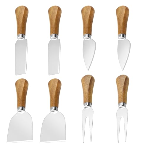 Corotue 8 Pcs Cheese Knife Set, Cute Cheese Knives for Charcuterie Board, Stainless Steel Cheese Cutter with Wooden Handles, Dishwasher Safe, Hostess Gift Mother's Day, Weddings & Housewarming Parties