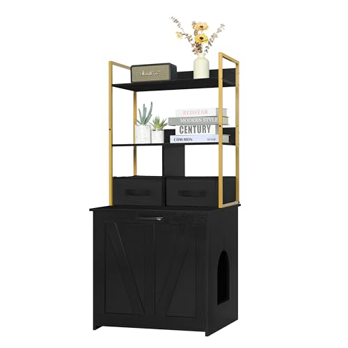 DWANTON Litter Box Enclosure with 2 Storage Shelves and 2 Drawers, 2-in-1 Hidden Cat Litter Box Enclosure Furniture with Shelf, Reversible Entrance, Washable Drawers, 50-Inch, Black+Gold