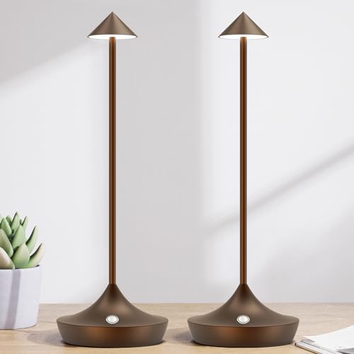 Hapfish Lampade da Tavolo Senza Fili LED, Ricaricabili 6000mAh Lampade da Comodino USB in Alluminio di Moda, Dimmerabile, Impermeabile, Luci Batteria per Ristorante Scrivania Esterno (2 Marrone)