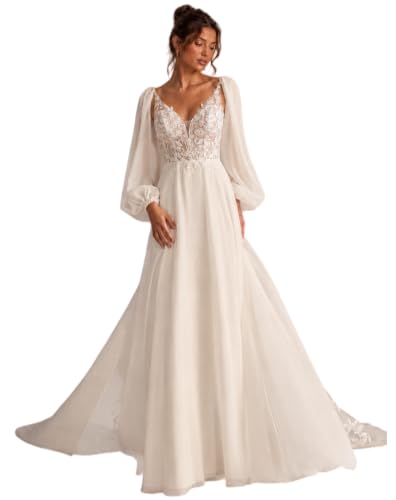 EDECPBM Boho Lace Wedding Dress Women Chiffon Long...