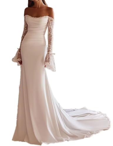 Beyonddress Robe de mariée sirène pour mariée Tulle Appliques en dentelle Robe de mariée Longue Robe de soirée Plage, Ivoire, 36
