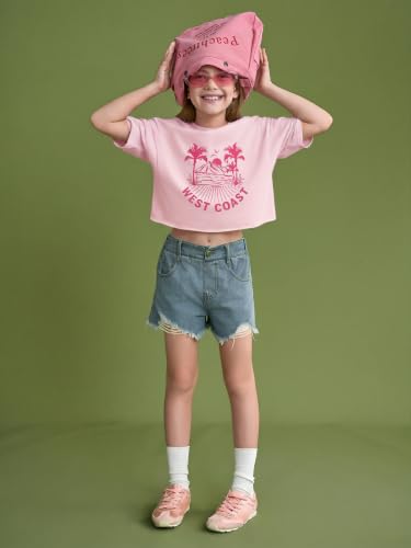 Image of Girls Athletic Oversized Crop Tops Kids Drop Shoulder Short Sleeve T Shirts Workout Tees 5-14 Years