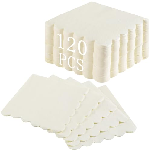 NatNarr Lot de 120 serviettes de cocktail en papier ivoire festonné jetables pour dessert,...