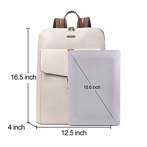Image of CLUCI Leather Laptop Backpack for Women 15.6 inch Computer Backpack Stylish Travel Backpack Purse for Women Work Daypack Bag Off-white with brown