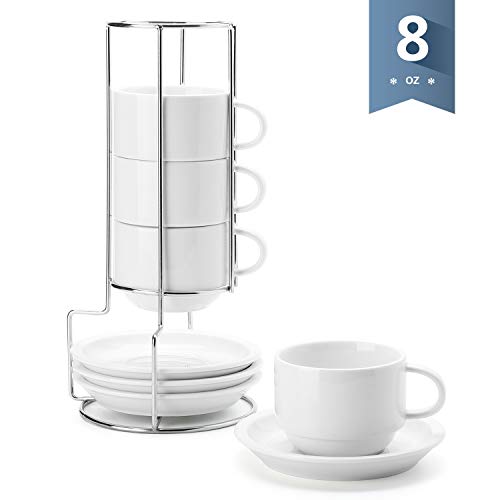 Sweese 406.101 Porcelain Stackable Cappuccino Cups with Saucers and Metal Stand - 8