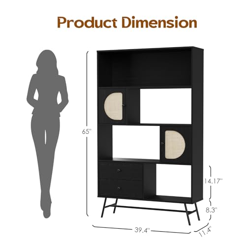 Soohow 4 Shelf Bookcase and Bookshelves with Drawer, 65” Tall Bookcases with Storage Shelves, Bookshelves and Bookcases with Rattan Cabinet and Metal Legs for Home Office, Living Room and Bedroom. - Thumbnail 5