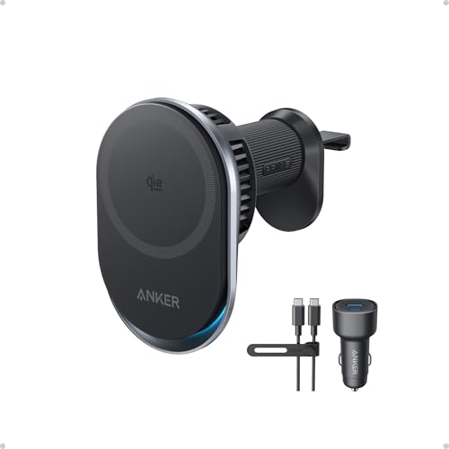 Anker Prime MagSafe Cargador para Coche, certificación Qi2 de 25 W con refrigeración Tec, imanes y Soporte para Rejilla de ventilación para iPhone 17-12 (Incluye Adaptador de 60 W).