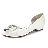 HFWXYSA Damen Flache Brautschuhe Peeptoe Ballerinas Satin Strass Slip on Hochzeitsschuhe,Elfenbein,40 EU