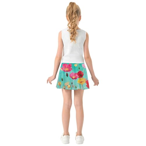 Joisal Skirts with Shorts Watercolor Painting Flowers Teal Athletic Shorts for Girls Skorts Breathable Flowy Skirt 4t4