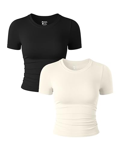 OQQ Womens 2 Piece Shirts Short Sleeve Crew Neck Ruched Stretch F...