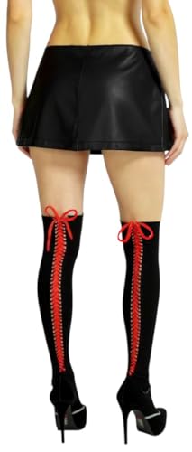 Image of ToBeInStyle Women's Lace Up Back Seam Tights Sheer or Opaque Hosiery Stockings Crisscross Lace Ribbon Zigzag Design