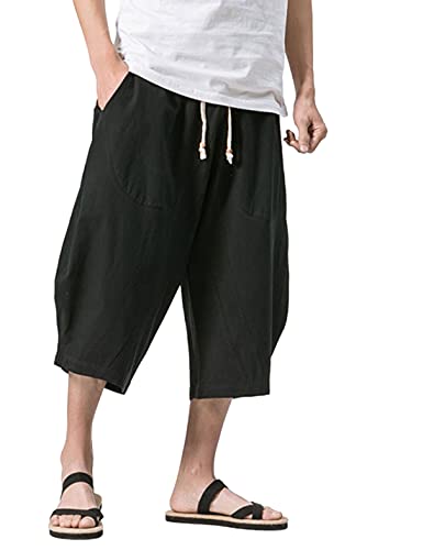 HangNiFang Mens Casual Cotton Linen Elastic Waist Drawstring Capri Pants